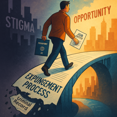 Illustration of a man walking across a bridge made of paper labeled “Expungement Process,” moving from “Stigma” toward “Opportunity,” holding a passport and job offer.