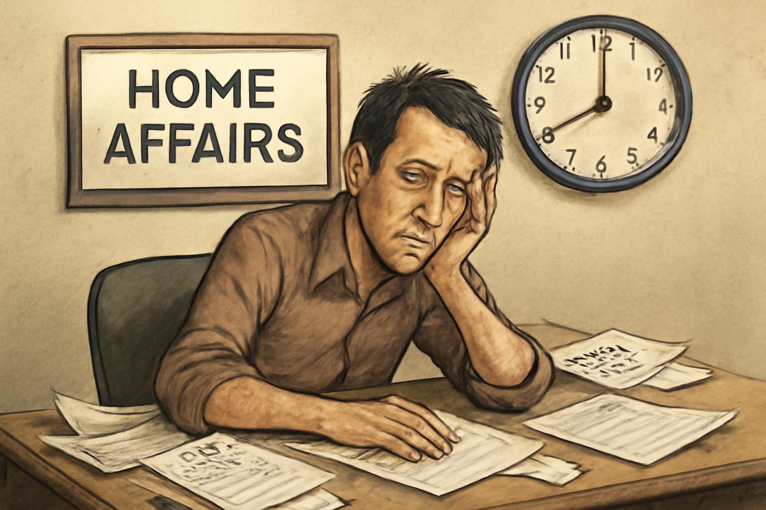 Text: Person frustrated while waiting for a delayed South African birth certificate at a Home Affairs office, surrounded by documents and a clock showing long wait time.