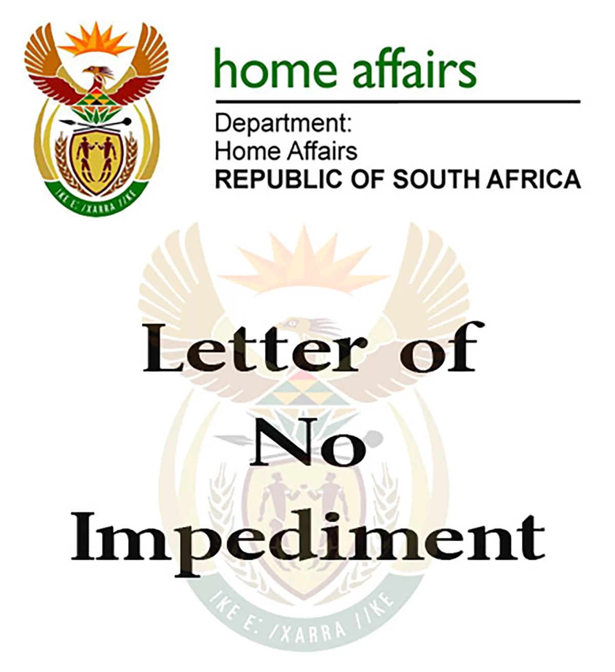 fficial South African Letter of No Impediment used for marriage abroad.