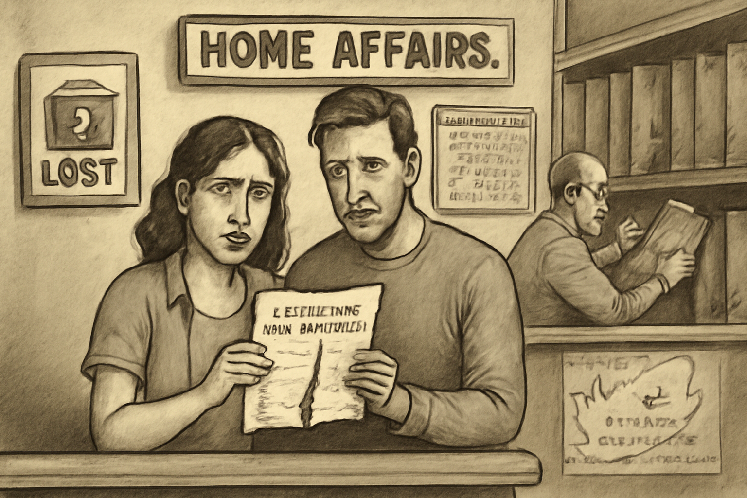 Couple at Home Affairs office worried about lost marriage certificate records; clerk searches archives; calendar shows delays; South Africa map highlights archive centers.