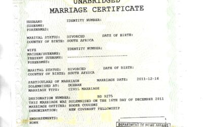 Unabridged Marriage Certificate issued by South African Home Affairs, required for travel, emigration, and legal purposes.