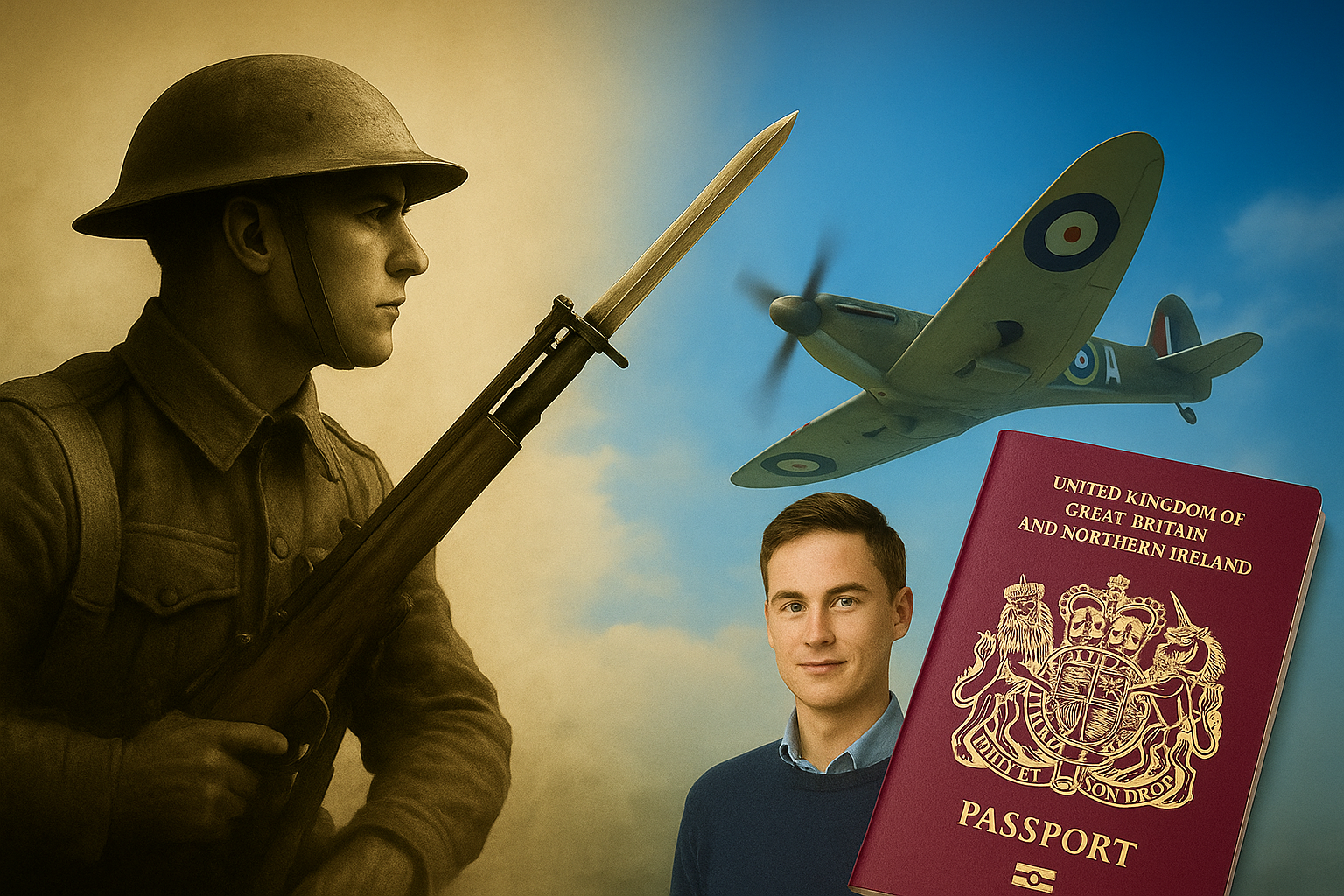A British soldier with a bayonet and a Spitfire aircraft symbolize Crown Service, alongside a young man and a UK passport representing British citizenship by descent.
