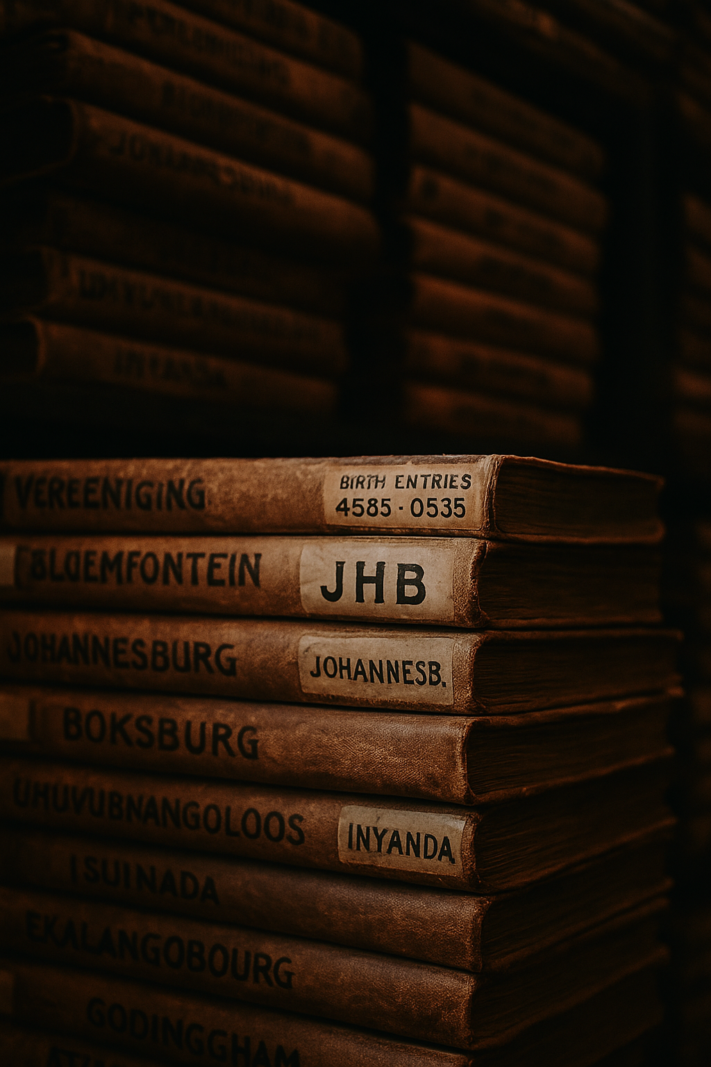 Old municipal birth registration books stacked in an archive, including one labeled JHB, symbolising how difficult these records are to trace.