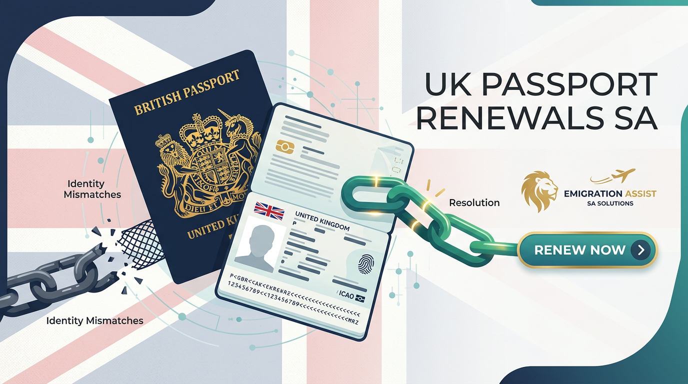 British passport and UK identity card connected by a green digital chain symbolising identity resolution, with text highlighting identity mismatches and a “UK Passport Renewals SA” banner from Emigration Assist.
