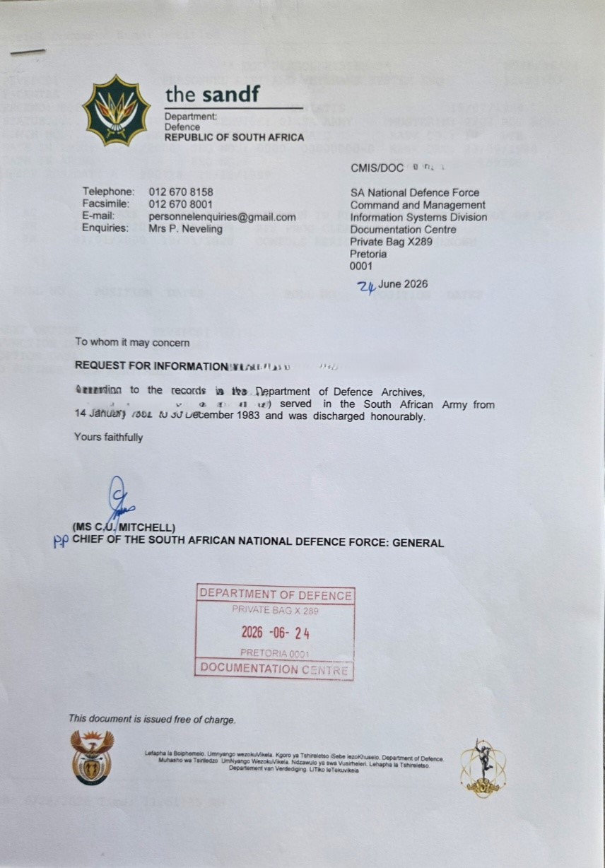 Redacted SANDF military service confirmation letter issued by the South African National Defence Force showing proof of military service and honourable discharge.